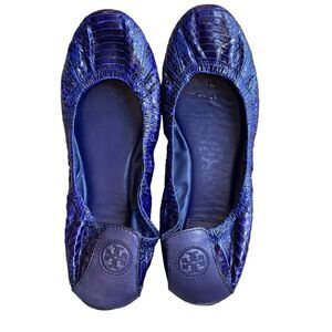 Tory Burch Women’s‎ 7.5 Eddie Embossed Snake Print Flats Royal Blue Slip On